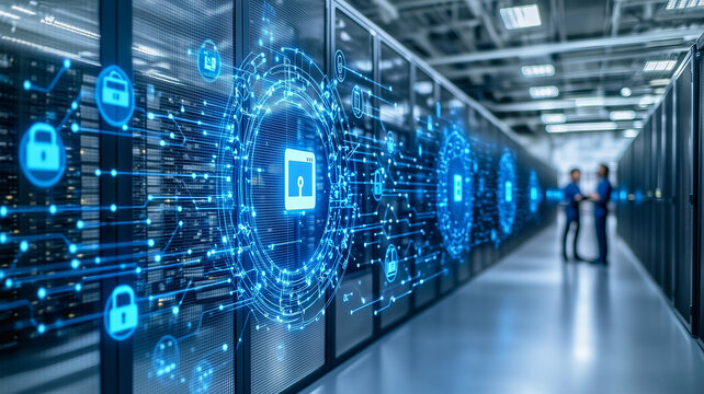 Data Security and Network Architects: Two IT specialists stand amidst rows of powerful servers, their discussion underscored by a dynamic digital overlay of security symbols and data streams.
