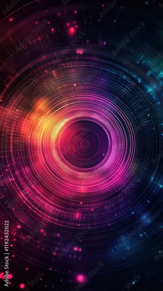 Poster abstract circular cosmic energy flow with gridded lines and glowing particles on dark gradient backg