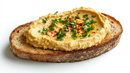 "Single Toast with Creamy Hummus, Oil, and Spices on White Background"
