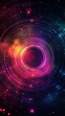 Obraz premium Abstract Circular Cosmic Energy Flow with Gridded Lines and Glowing Particles on Dark Gradient Background.