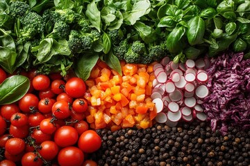 Fresh chopped vegetables and herbs arranged on dark background for healthy meal prep