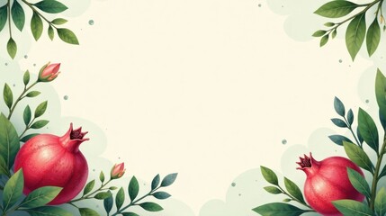 Floral Frame with Pomegranates and Lush Greenery A Delightful Botanical Illustration for Design Projects