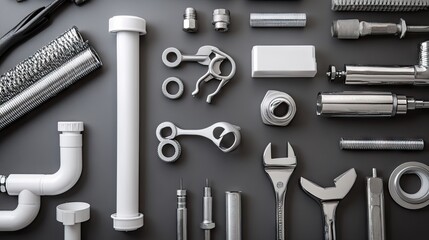 Fototapeta premium A plumber's workspace showing a white sink pipe, wrench, and repair tools.