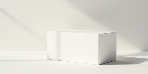 Fototapeta premium A pristine white rectangular box rests on a minimalist surface, bathed in soft, natural light casting gentle shadows, providing a clean and simple backdrop for product display or design presentation.