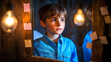 A young person practicing a presentation in front of a mirror, sticky notes with reminders around the mirror frame, soft bedroom lighting, intimate and personal atmosphere, a sense of quiet confidence