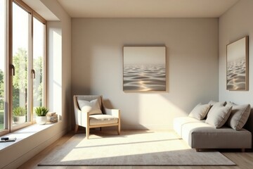 Fototapeta premium Serene living room interior design showcasing minimalist furniture and calming artwork, bathed in natural sunlight filtering through a large window.