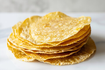 Corn tortillas on white background. Mexican round tortillas.