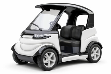 Golf cart isolated on white background. Modern electric microcar in white and black is shown in a 3D rendering.