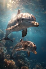Fototapeta premium Two dolphins swim gracefully through a vibrant coral reef, showcasing the beauty of ocean life in crystal-clear waters. Generative AI