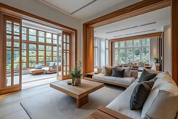 Fototapeta premium Modern living room interior design with wooden accents, large windows, and comfortable seating.