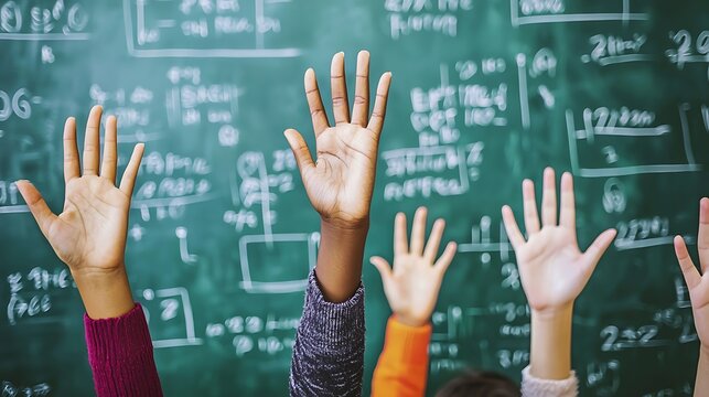 A classroom scene with students raising their hands, bright natural light illuminating the space, detailed chalkboard filled with equations, an energetic and confident environment