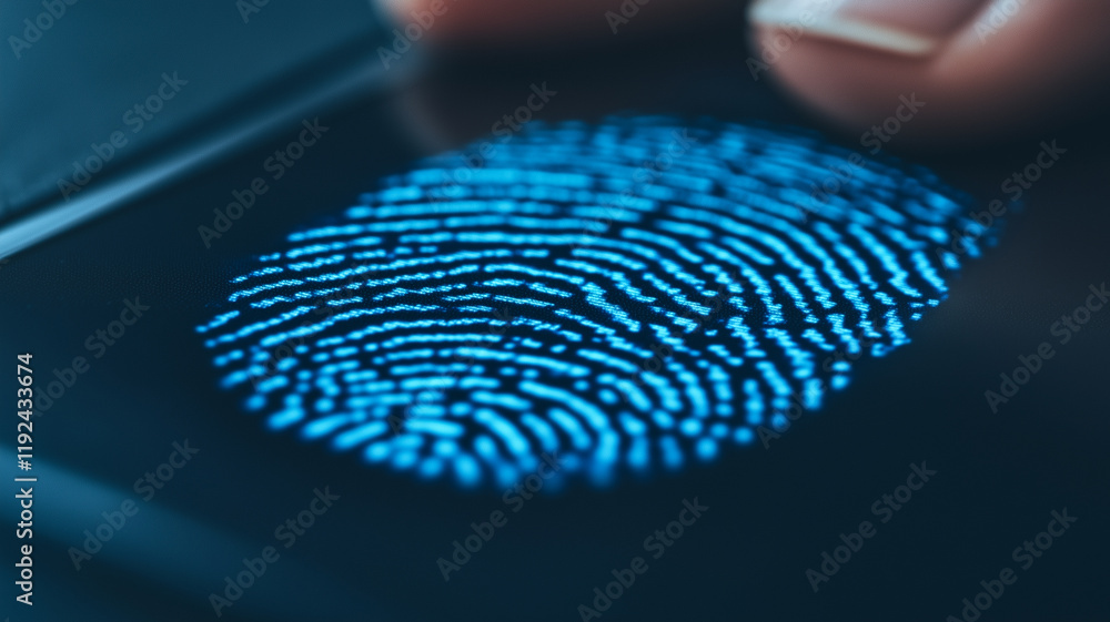 Poster fingerprint scan: close-up view of a finger scanning a digital fingerprint sensor, glowing with a fu