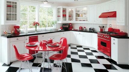A professionally designed white kitchen with retro accents like a bold red kettle.