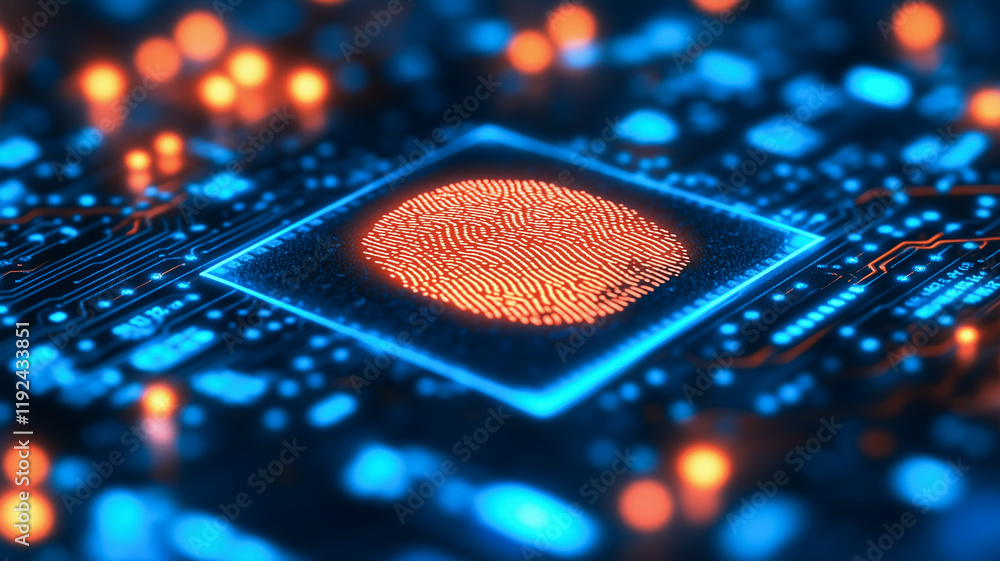 Poster fingerprint on circuit board: a vibrant, abstract image of a fingerprint embedded within a glowing c