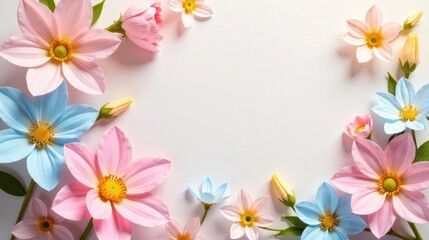 Fototapeta premium Pastel Blossoms Frame Delicate Pink and Blue Flowers Arranged in a Circular Border on a Soft White Background, Perfect for Spring or Summer Designs