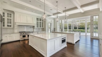 Fototapeta premium A professionally styled white kitchen with retro-inspired accessories and lighting.