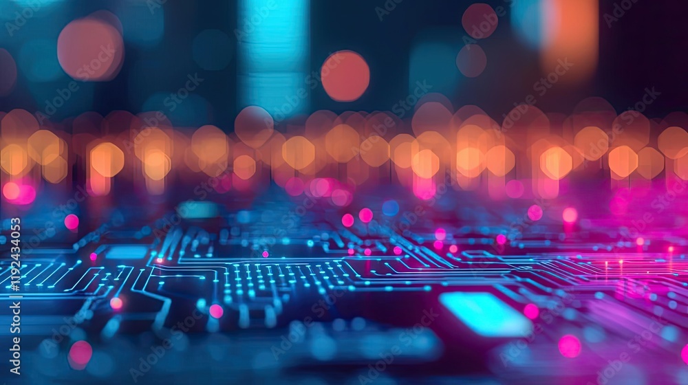 Poster Blurred abstract background idea. Vibrant circuit board with colorful lights, showcasing modern technology details.