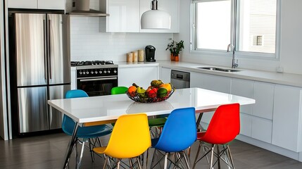 A retro-inspired white kitchen featuring a chrome-edged table and colorful chairs.