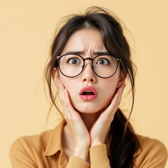 Fototapeta premium An annoyed Asian woman in glasses expressing frustration and anger, isolated on a soft pastel beige background. Perfect for emotions, stress, or workplace themes.
