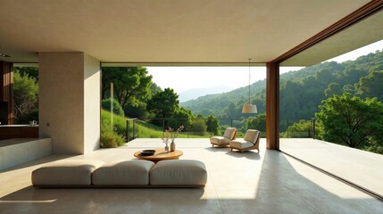 Fototapeta premium Serene hillside home interior design showcasing minimalist furniture and expansive panoramic views of lush green landscape