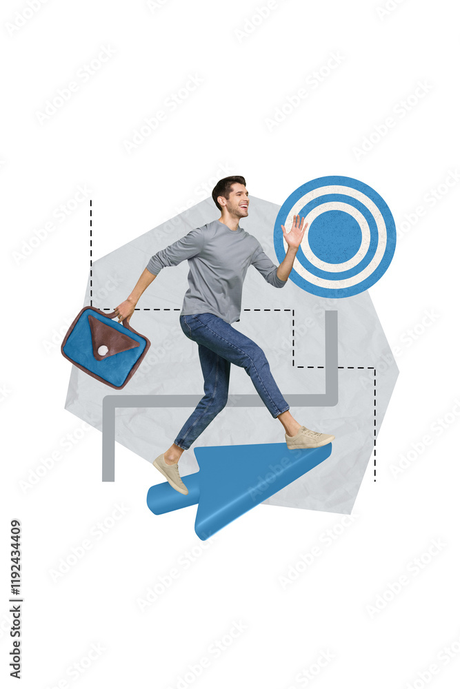 Aufkleber Vertical collage image of cheerful mini guy running big arrow pointer hold plasticine briefcase darts board goal isolated on white background