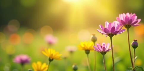 Fototapeta premium Serene Meadow of Blooming Flowers Bathed in Golden Sunlight, a Vibrant Display of Delicate Petals and Gentle Sunlight