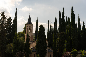 A church with a bell tower and a steeple is surrounded by trees. The trees are tall and dense, creating a sense of seclusion and tranquility. The church is a focal point in the scene