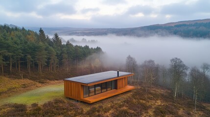A secluded cabin nestled in a foggy forest landscape.