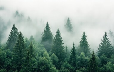 Misty Evergreen Forest with Fog, Moody Woods Scene.