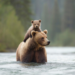 Obraz premium Grizzly bear and cub crossing a tranquil river in lush wilderness during early morning light. Generative AI
