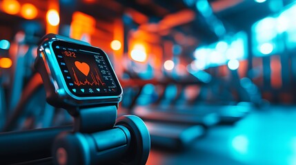 A digital smartwatch displaying heart rate and active minutes, a blurred gym environment in the background, clean and sleek design, tech-forward and goal-driven mood