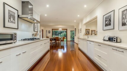 Fototapeta premium A spacious white kitchen with a retro-style radio and framed retro prints on the wall.