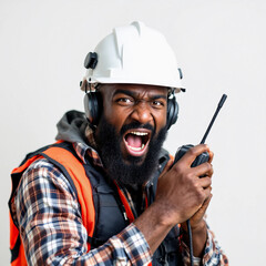 A passionate black architect in safety gear shouting into a two-way radio on a pastel brown studio background, looking directly at the camera.