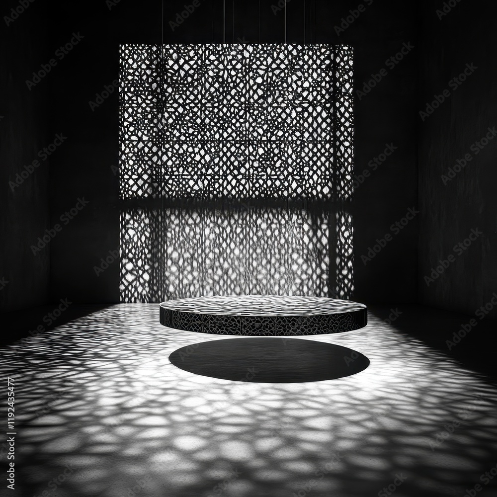 Poster monochrome interior with ornate screen casting shadow patterns on platform and floor.