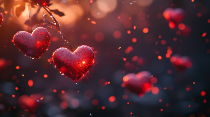 Obraz premium Heart-shaped decorations shimmered with raindrops during Valentine's Day celebration