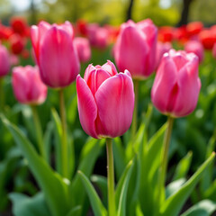 Obraz premium Stunning close-up of pink and red tulips in a spring garden. Perfect for nature-themed designs, wallpapers, and seasonal projects.