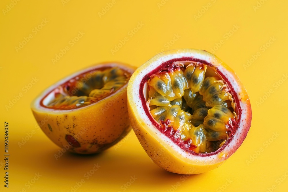Poster two halves of a passion fruit showing the seeds and pulp on a vibrant yellow background, creating a 