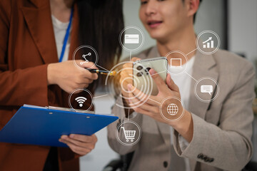 Business meeting account managers crew working search page on computer with new startup project