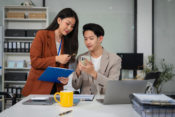 Business meeting account managers crew working search page on computer with new startup project