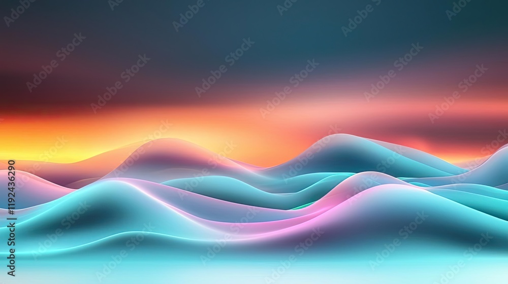 Poster Blurred abstract background idea. Vibrant abstract landscape with flowing waves and colorful gradient hues at sunset.