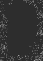 Hand-drawn doodles on a blackboard background featuring math equations, geometric shapes, and whimsical sketches. Ideal for educational, creative, and decorative projects.

