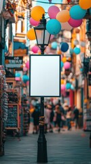 Obraz premium Blank Signboard on Street Lamp Post with Colorful Balloons and Blurred City Background.