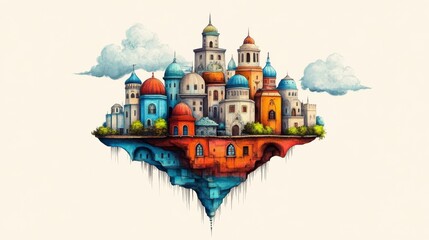 Floating City with Colorful Buildings and Dramatic Clouds