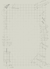 Hand-drawn sketch on graph paper with mathematical formulas, integrals, derivatives, and geometric shapes. Perfect for educational and academic use.
