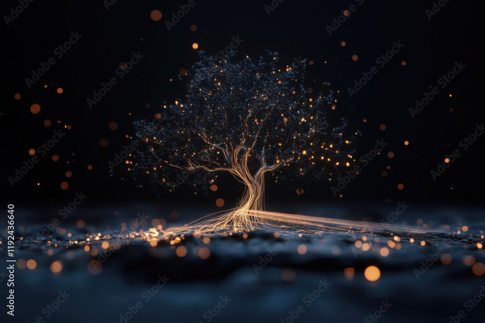 Poster digital tree of knowledge with glowing branches and roots illuminating the dark surroundings