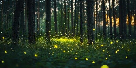 Enchanted Forest Night with Fireflies Glowing Lights in a Mysterious Woods.