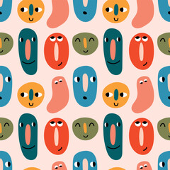 Colorful doodle face seamless pattern. Funny abstract faces on a light background. Vector illustration for children, background, children's playground design, wrapping paper, fabric