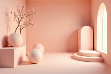 Serene Minimalist Peach Room with Blooming Branches and Geometric Forms