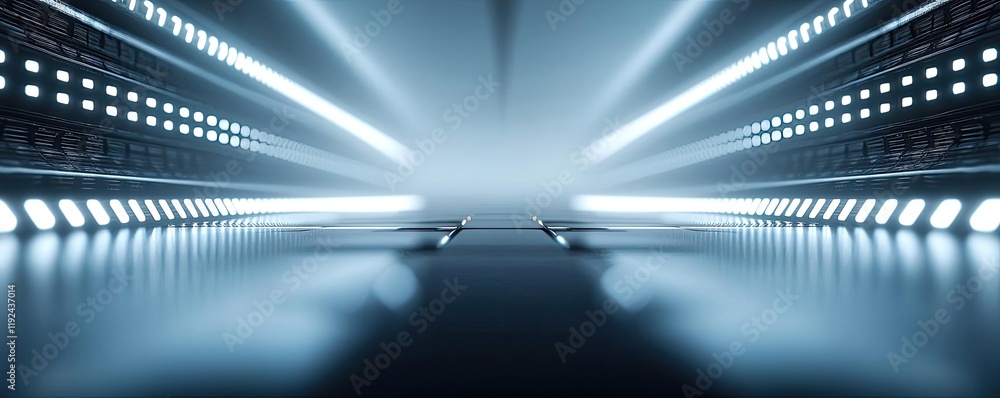Poster blurred abstract background idea. a futuristic scene with bright lights illuminating a sleek, empty 