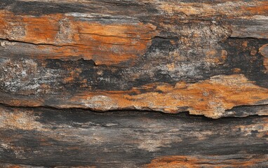 Detailed Close-Up of Weathered and Cracked Wood with Orange and Black Tones, Abstract Texture.
